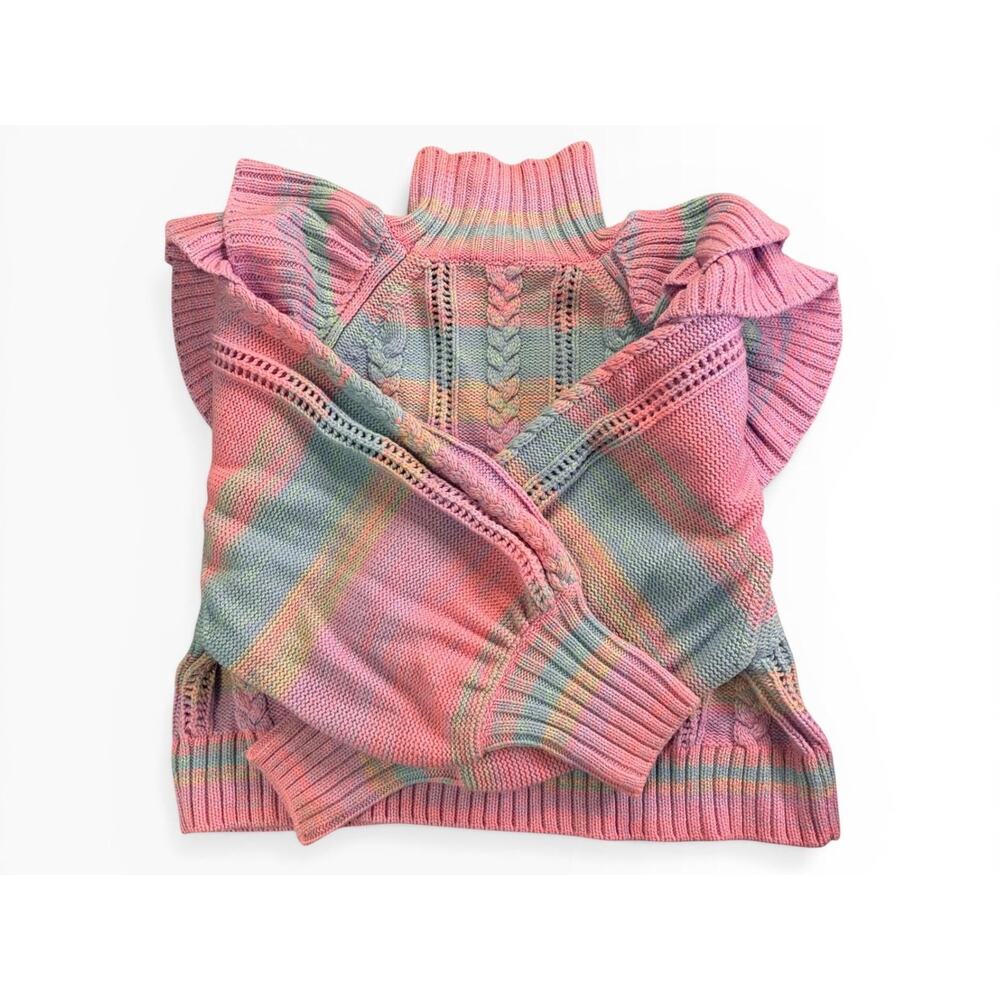 Pastel Rainbow Cable Knit Sweater XS Something Navy Ruffle Shoulder Knit Preppy - Picture 4 of 10